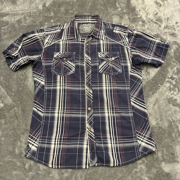 BKE Shirt Men M Blue Plaid Athletic Fit Short Sleeve Western Preppy Button Up - Picture 1 of 8